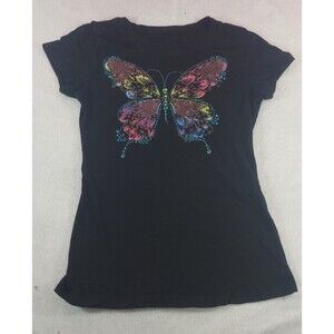 ​Y2K Rainbow Butterfly Graphic Tee Scene Emo Goth Aesthetic Black Shirt Sz XS/S